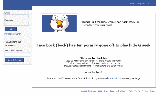 Screenshot of facebock.co.uk (RIP)